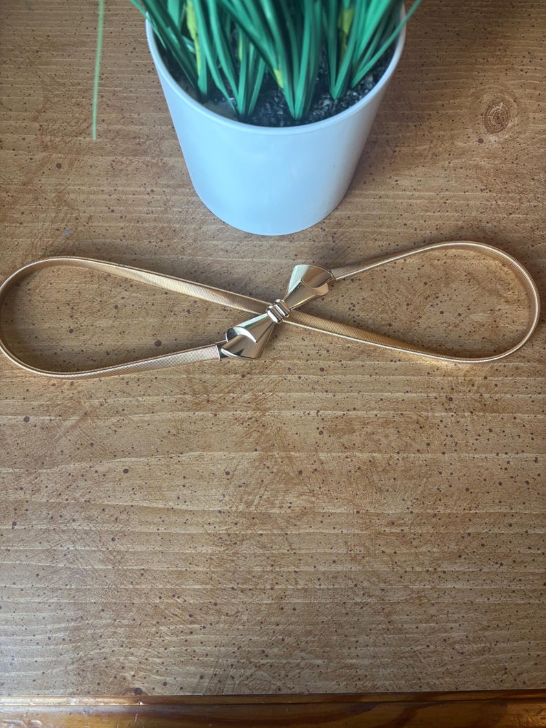 May include: A gold-toned metal belt featuring a flexible, thin band and a central bow-shaped clasp. The belt is designed with a smooth, reflective finish and a continuous loop structure that connects at the front with the decorative bow element.