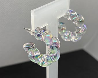 Chunky Clear Hoop Earrings: Transparent Acrylic Resin, Mid-Century Style