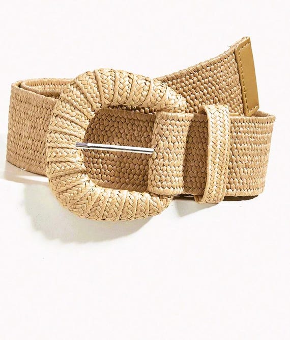 Women\'s Boho Beach Brown Beige Woven Elastic Straw Like Elastic Big Buckle Belt Women\ main image 4
