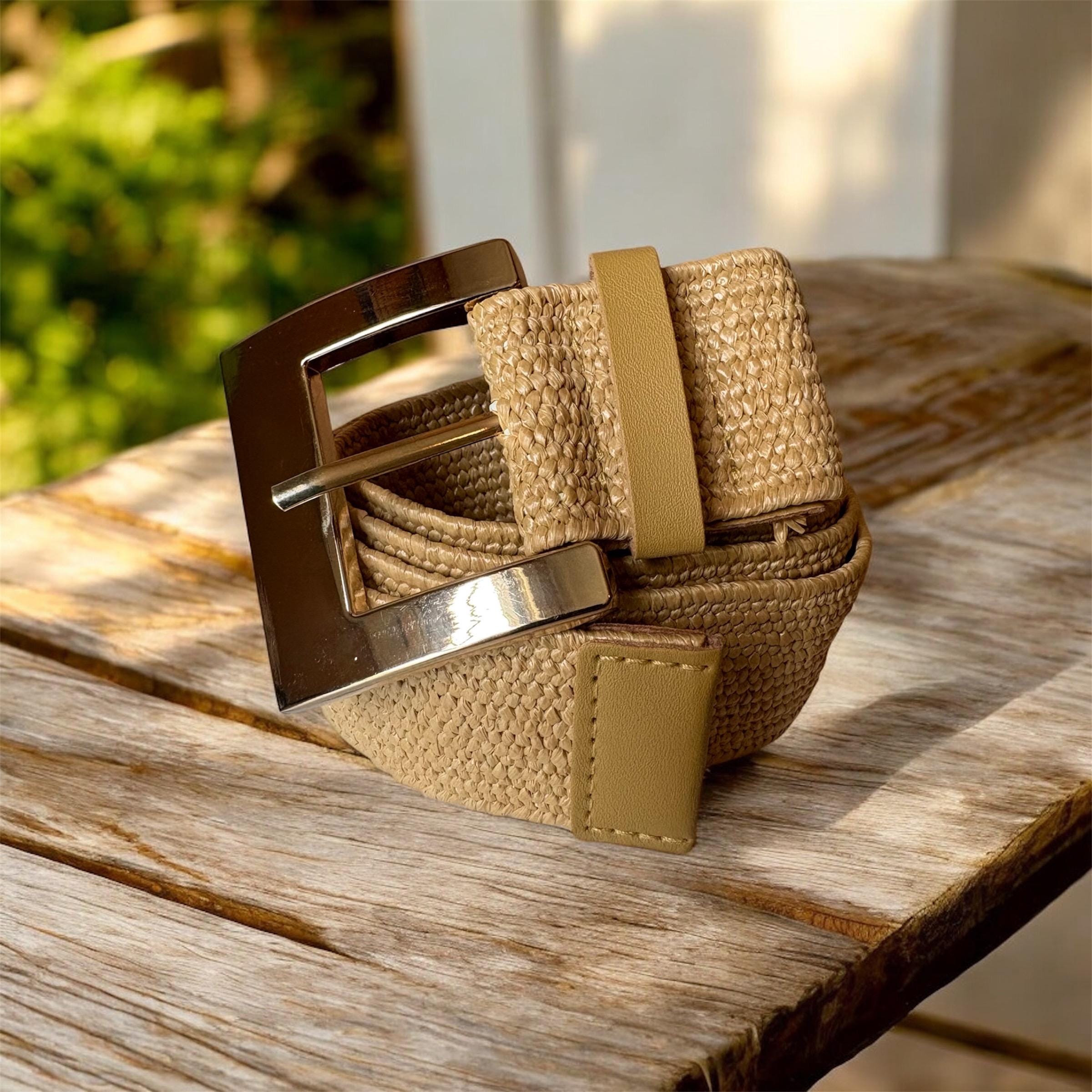Raffia Woven Stretch Belt With Gold Buckle for Women - Etsy display picture 2