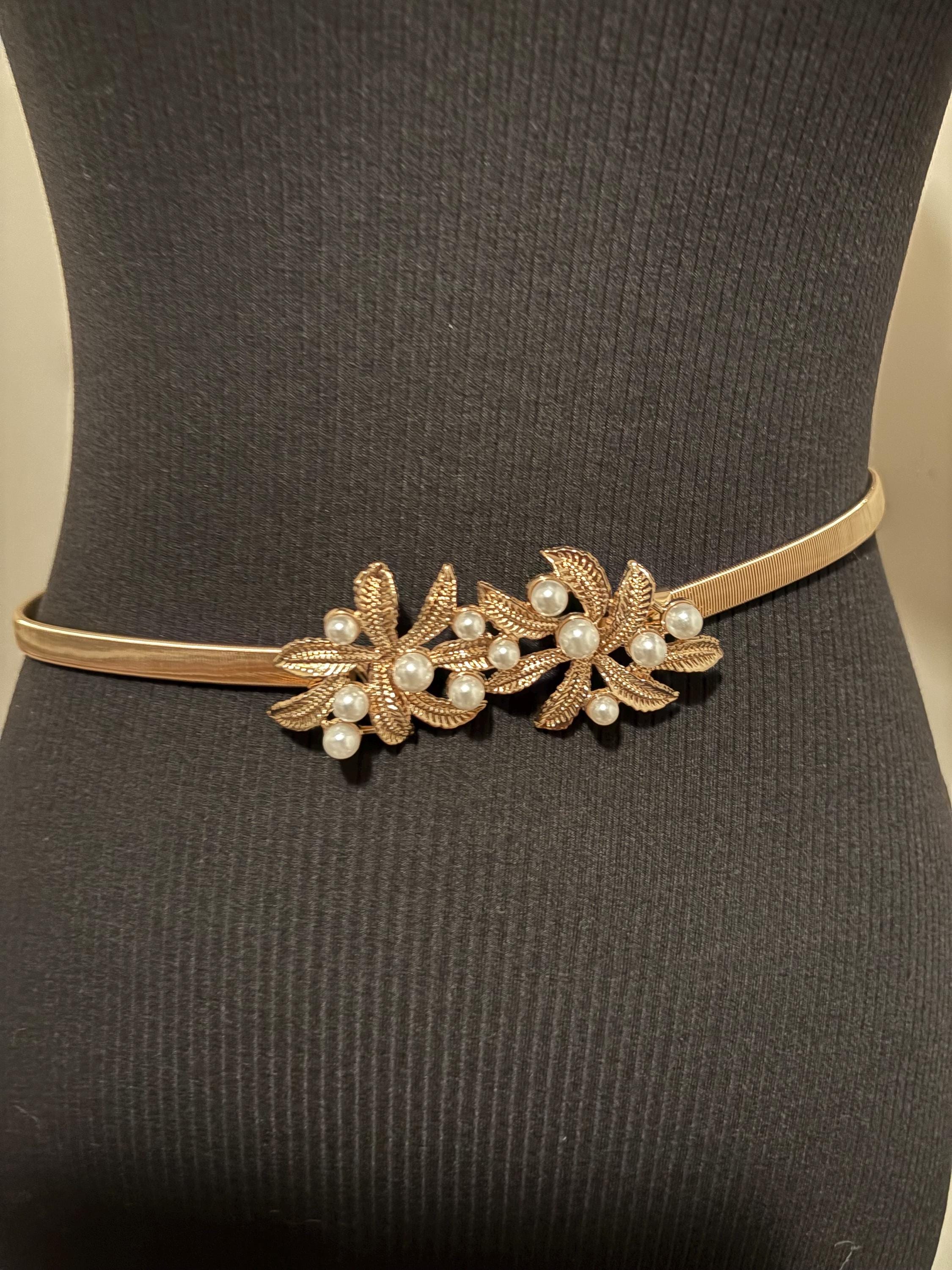 Vintage Gold Stretch Belt: 1980s Faux Pearl Beaded Buckle - Etsy display picture 1