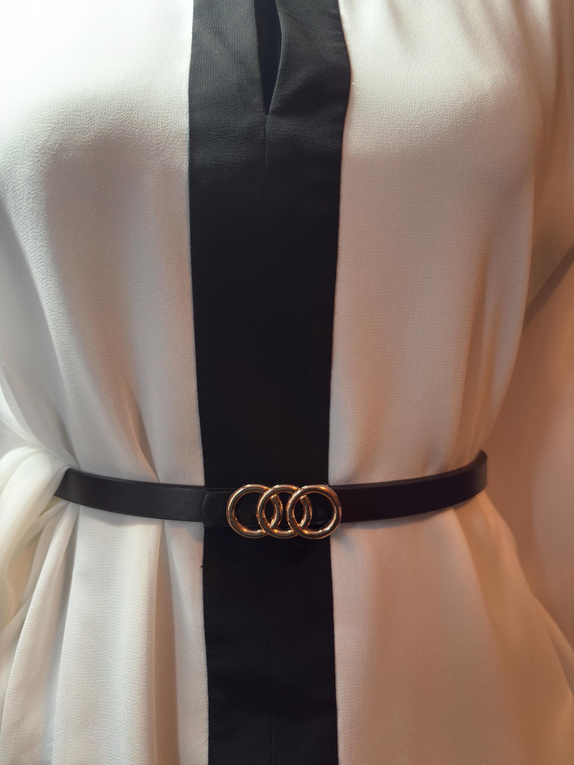 Textured Gold Round Buckle Belt – Minimalist Statement Waist Belt Wide Stretch Belt with Circle Buckle - w.kleinberg main image 2