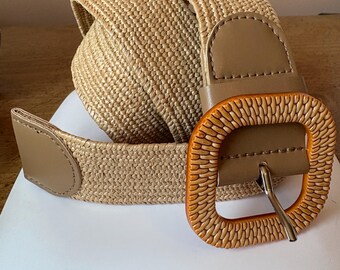 Wide Straw Belt With Gold Buckle * Wide Raffia Belt With 
