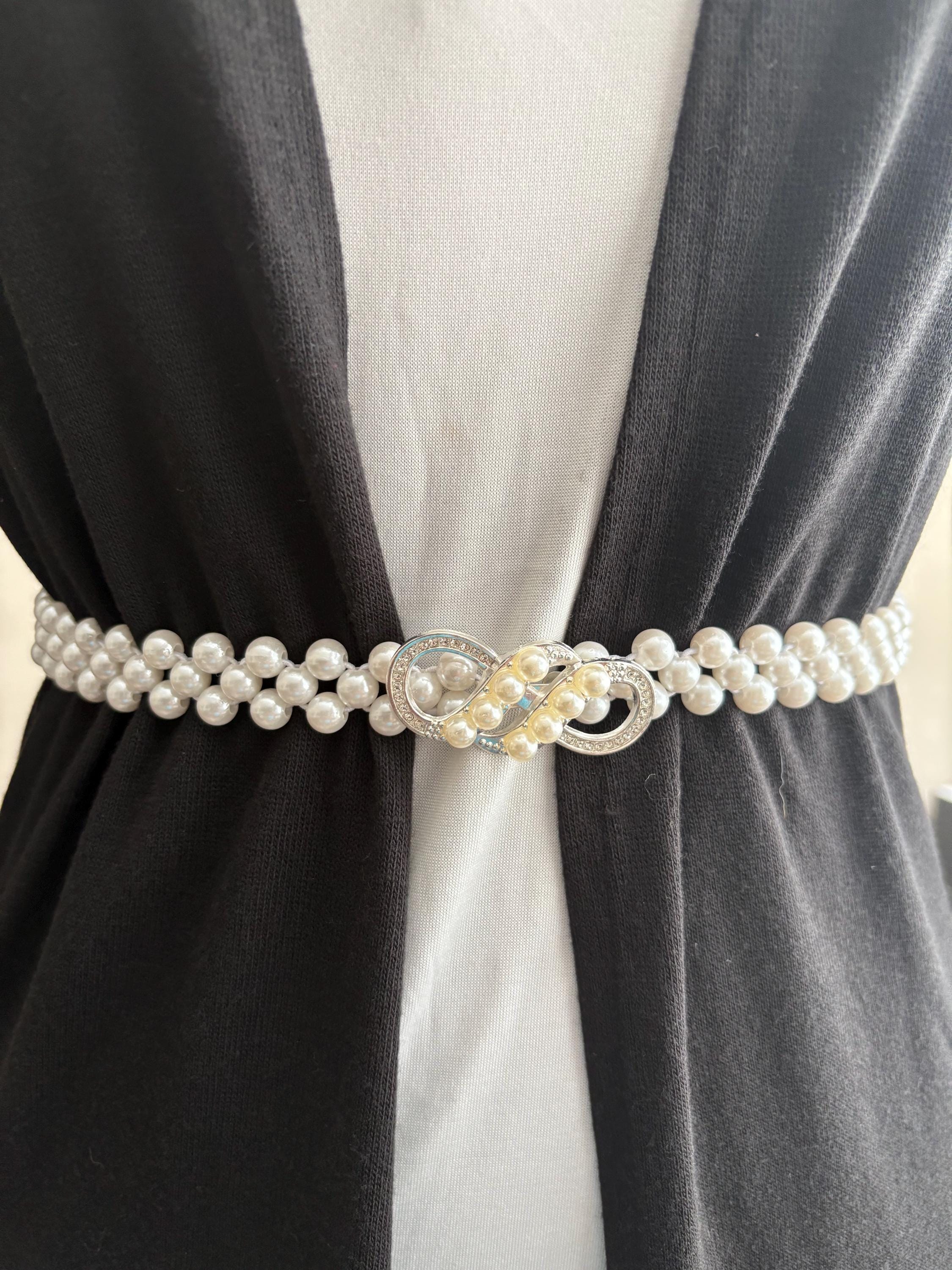 Womens Woven Cord Pearl Waist Belt Stretch Cream Size Small 27-31\