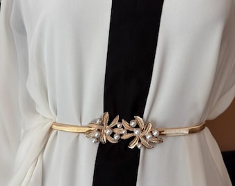 Vintage Gold Stretch Belt: 1980s Faux Pearl Beaded Buckle