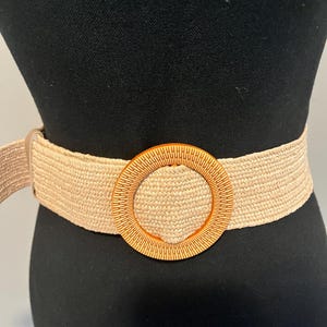 Brown Straw Stretch Belt, Summer lady stretch belt, Party Woven Belt, Raffia Woven Belt,  Dress belt, Outing Belt,  Round Buckle Woven Belt,
