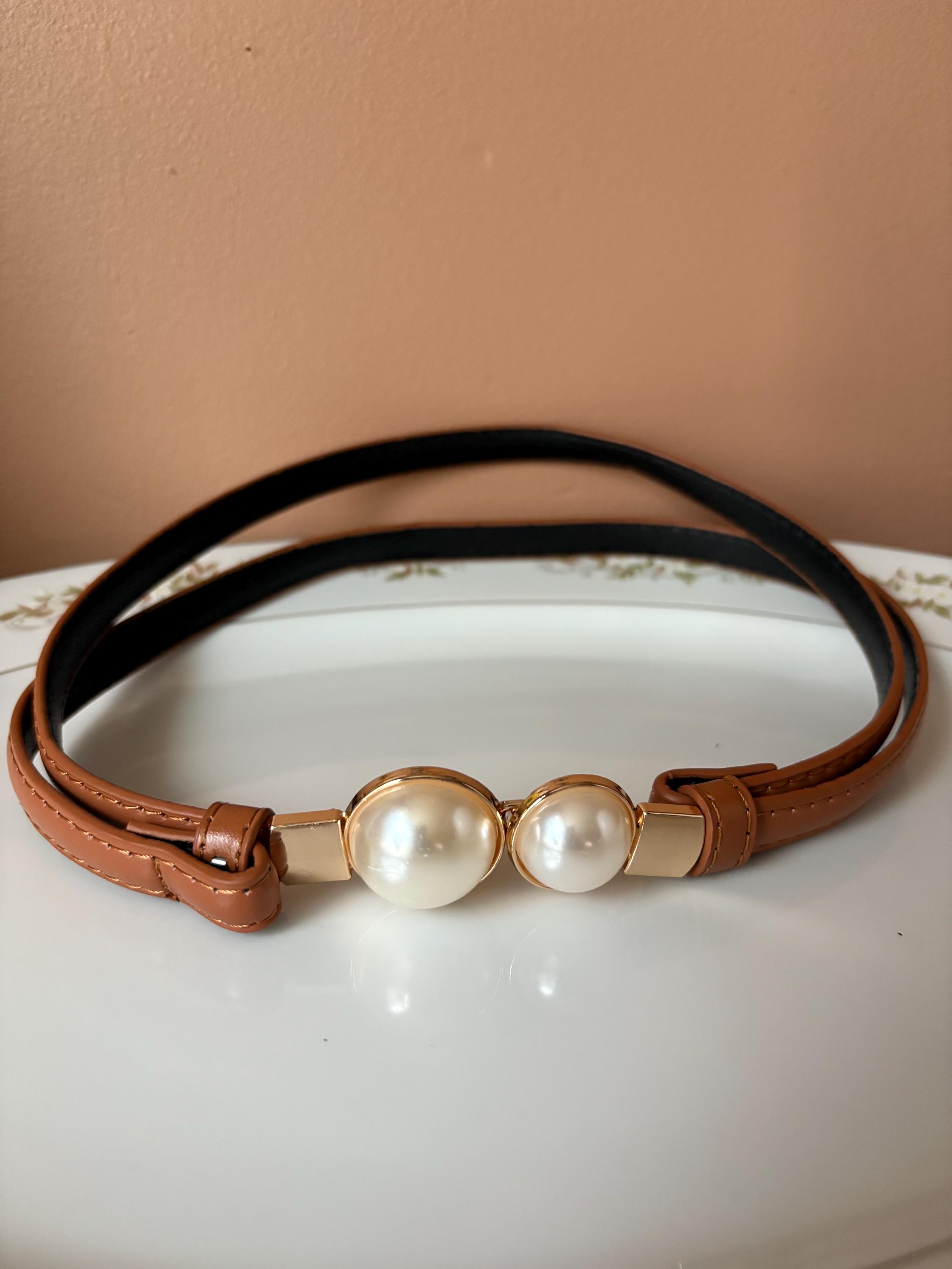 Womens Woven Cord Pearl Waist Belt Stretch Cream Size Small 27-31\