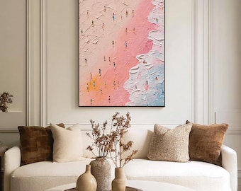 Roze zomerstrand olieverfschilderij, eigentijdse minimalistische strandscène, abstracte kustmuurkunst, moderne decoratie, oceaan, woonkamer, slaapkamer