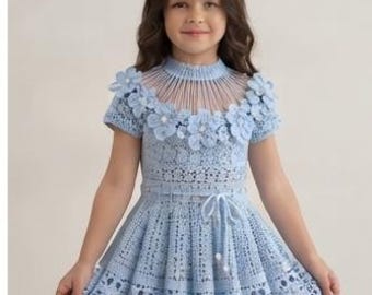 Handmade Light Blue Crochet Girl Dress, Floral Party Outfit