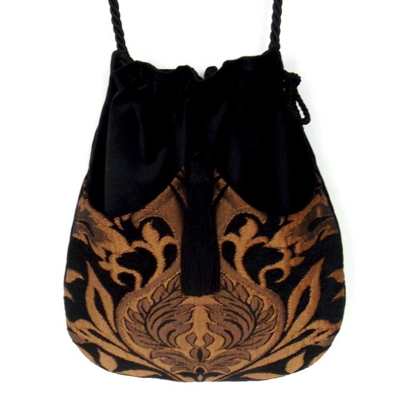 Rich Black and Gold Tapestry Boho Bag  Drawstring Bag  Black Velvet Bag  Bohemian Bag  Crossbody Purse