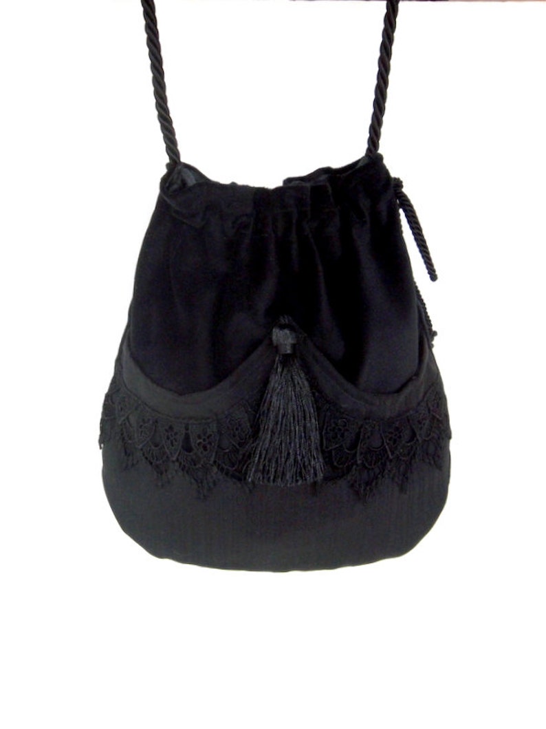 Vintage Handbags, Purses, Bags *New*     Black Lace Drawstring Bag  Black Velvet Bag  Bohemian Bag  Crossbody Purse Dark Cosplay Bag Forest Mori Girl  AT vintagedancer.com