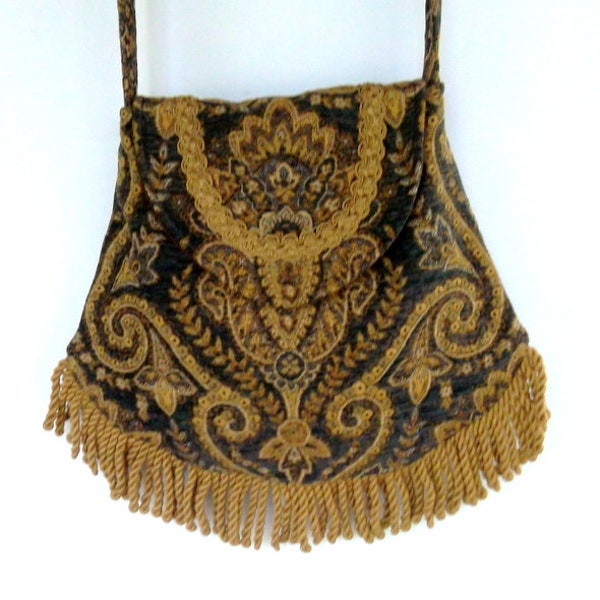 Bohemian Tapestry Bag Slate Blue and Gold Renaissance Bag Large Fringe Bag Boho Fringe Bag Shoulder Bag Bohemian Purse Cross Body Hippie Bag