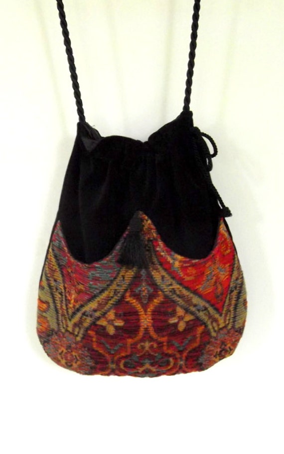 Tapestry Chenille Bag Black Velvet Bag  Boho Bag  Black Bag With Tassel  Renaissance Bag