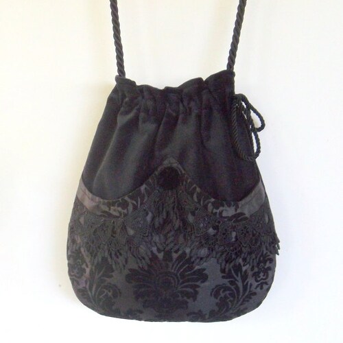 Black Lace and Taffeta Drawstring Bag Black Velvet Bag Etsy