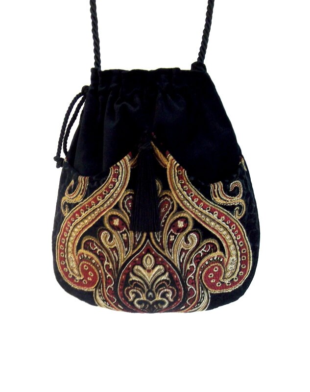 Tapestry Chenille Bag Black Velvet Bag  Boho Bag  Black Bag With Tassel  Renaissance Bag