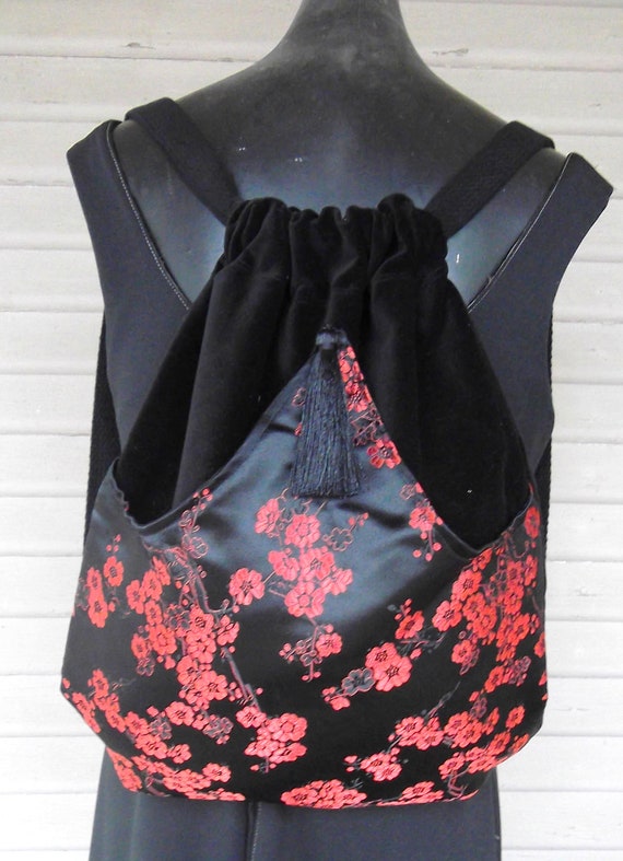 Items similar to Black and Red Backpack Oriental Satin Boho Backpack ...