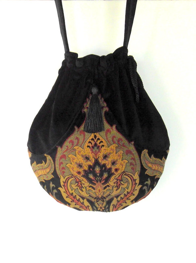 Black Velvet Tapestry Pocket Boho Bag Drawstring Bag Etsy