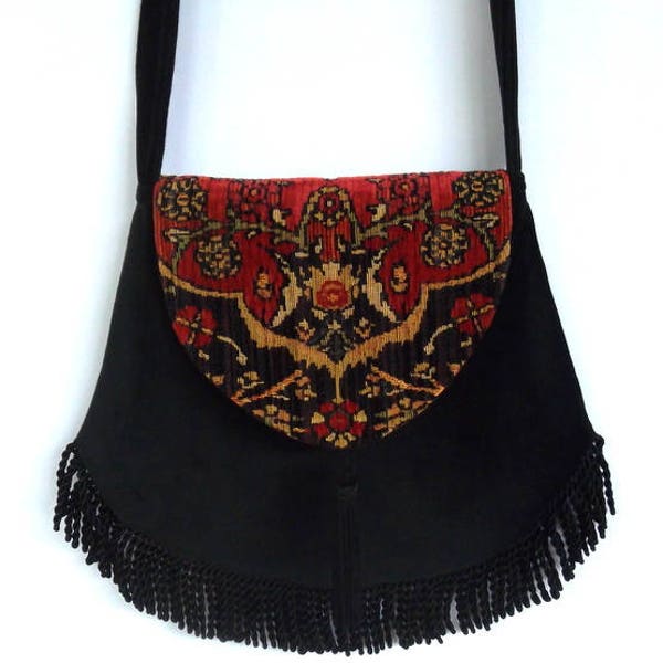 Bohemian Tapestry Bag Red and Black Velvet Renaissance Bag Large Fringe Bag Boho Fringe Bag Bohemian Purse Cross Body Hippie Bag