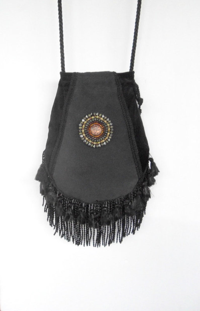 Double Fringe Black Velvet Gypsy Bag Black Cross Body Bag Bohemian Hippie Bag Festival Bag Renaissance bag Shoulder Bag Hand Bag