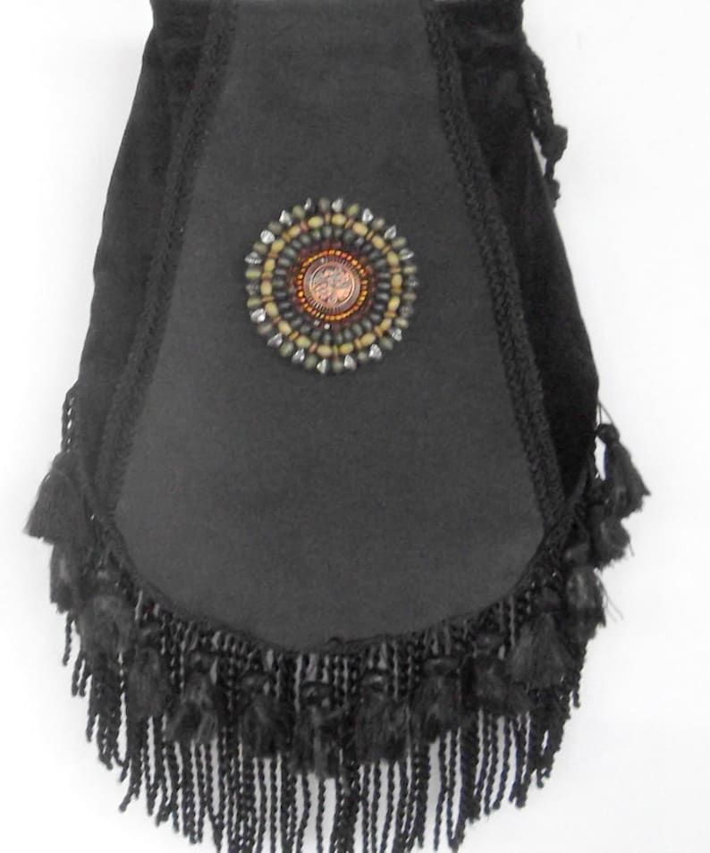 Double Fringe Black Velvet Gypsy Bag Black Cross Body Bag Bohemian Hippie Bag Festival Bag Renaissance bag Shoulder Bag Hand Bag