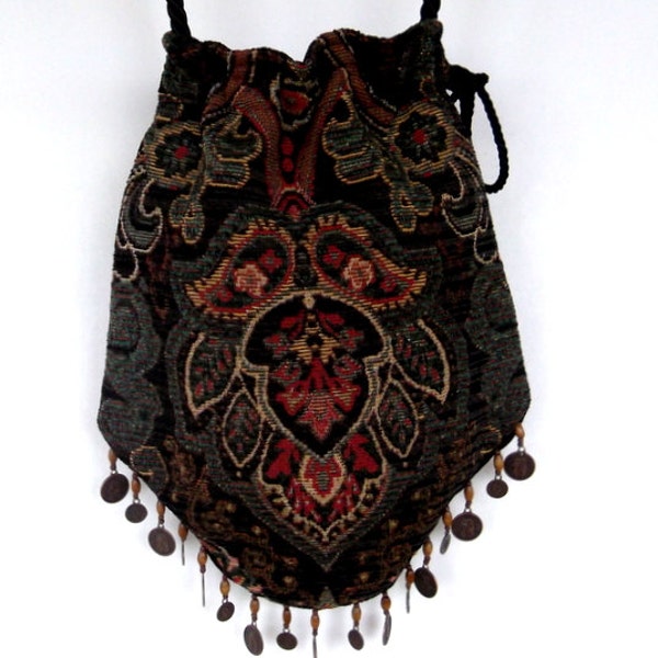 "Zigeuner" Tasche mit Metall-Münze Trim schwarzen und grünen Chenille Gobelin Hippie Tasche Boho Bead Tasche Cross Body Bag
