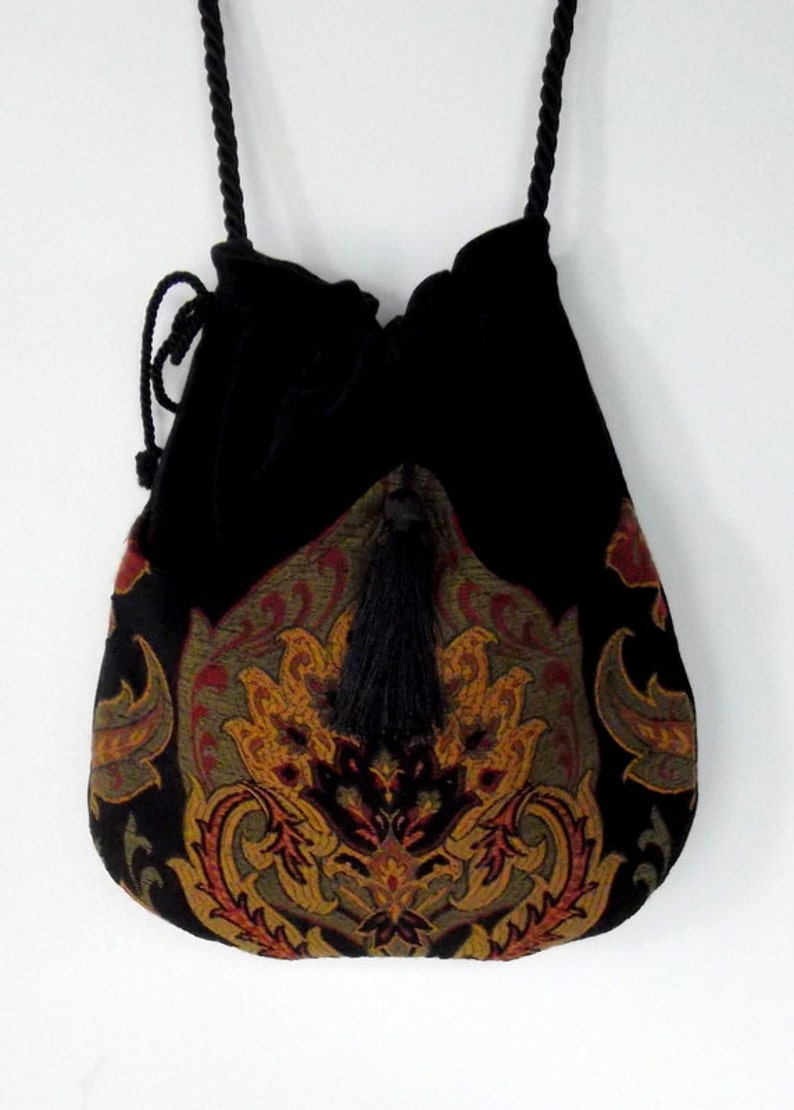 Tapestry Boho Bag Drawstring Bag Black Velvet Bag Bohemian Bag Etsy