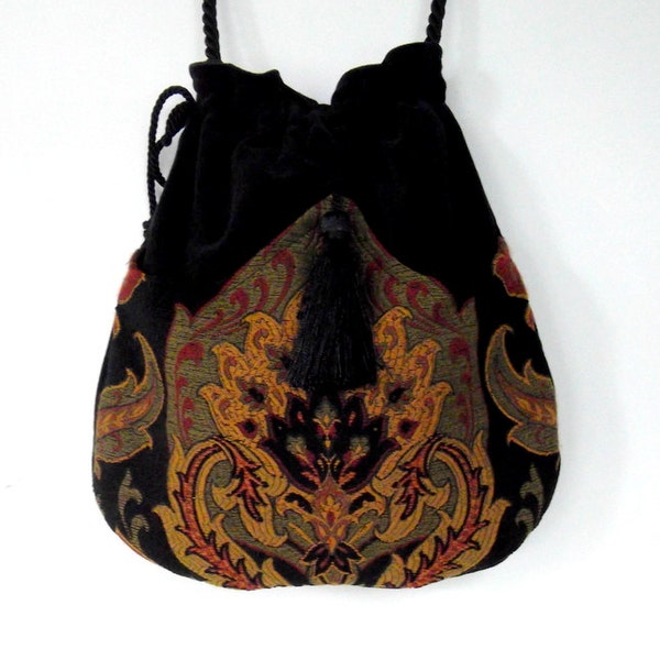 Tapestry Boho Bag  Drawstring Bag  Black Velvet Bag  Bohemian Bag  Crossbody Purse/Shoulder Bag