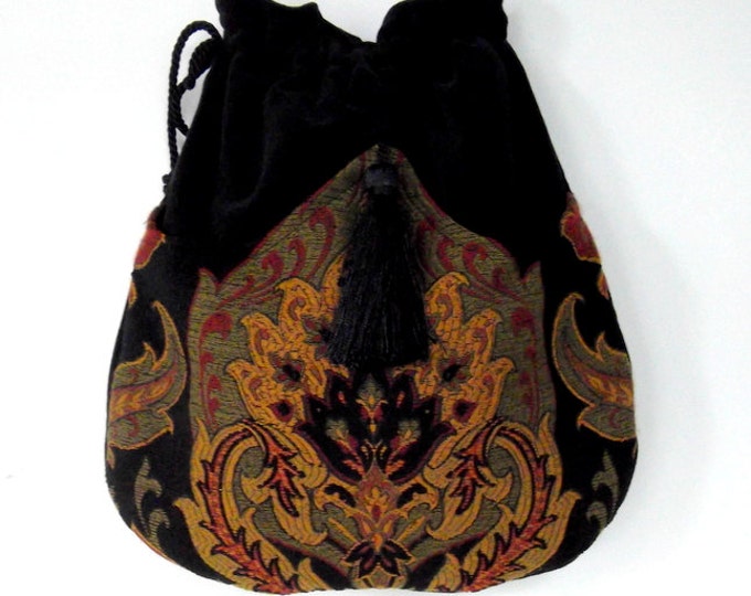 Tapestry Boho Bag Drawstring Bag Black Velvet Bag Bohemian Bag Etsy