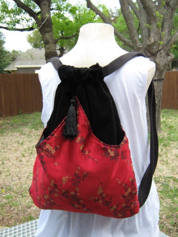 Items similar to Backpack Oriental Red Satin Asian Fabric Backpack Boho
