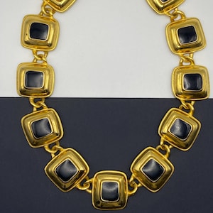 Vintage statement necklace gold and black big squares evening event necklace elegant gold metal with black enamel gift for her secondhand