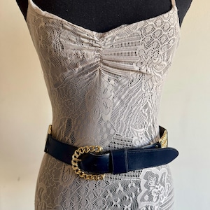 Vintage Dark Blue Leather Belt Gold Chain Buckle  Wide Statement Waist Belt, 80s Style Glam Rock, Designer Inspired Accessory one of a kind