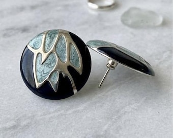Vintage statement big circle Enamel Studs Silver & Teal Art Deco Style Post Earrings