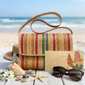 Vintage Raffia Bag and Wallet Set, Striped Woven Straw Purse, Boho Summer Bundle
