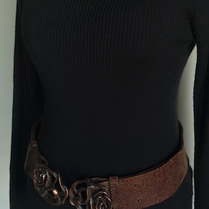 Italian Leather, Rose Buckle, Floral Jewelry, 90s Vintage, Boho Belt, Statement Buckle, Copper Rose, Handmade Feel, Made in Italy.