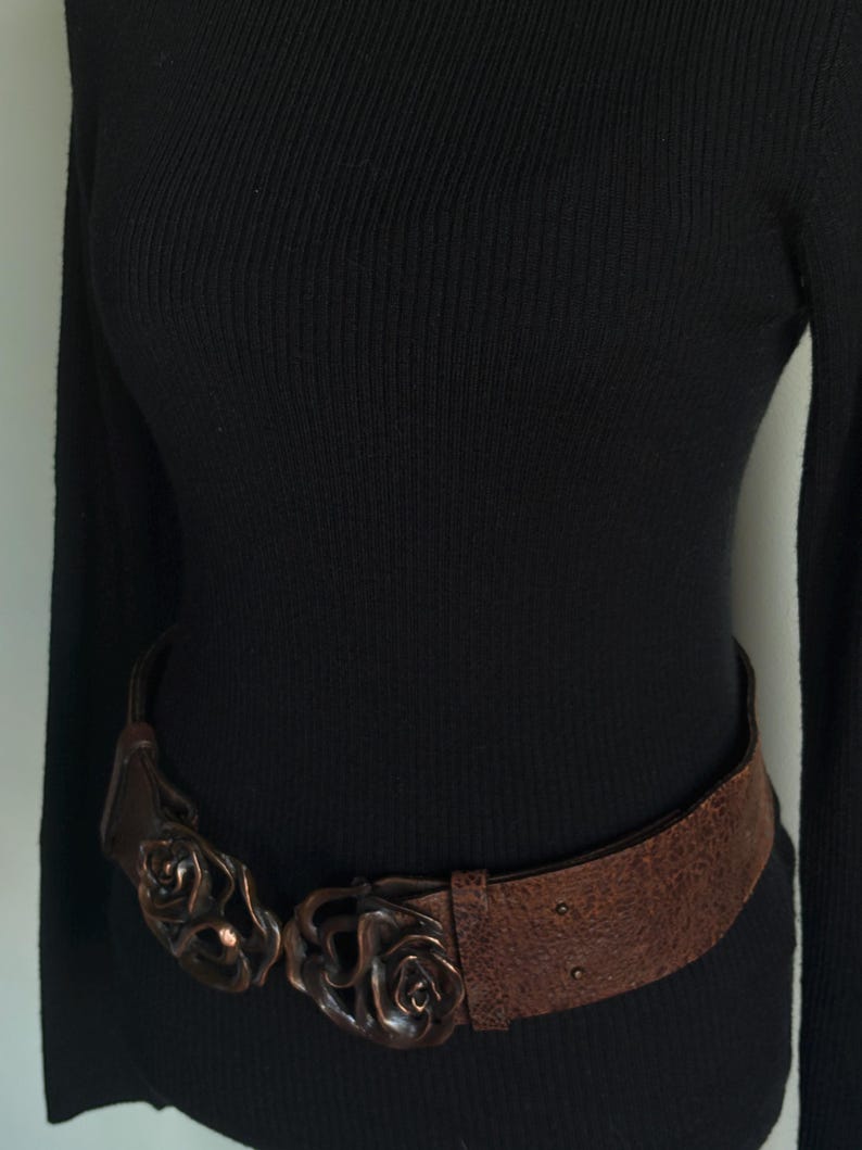 Italian Leather, Rose Buckle, Floral Jewelry, 90s Vintage, Boho Belt, Statement Buckle, Copper Rose, Handmade Feel, Made in Italy.