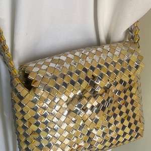 Recycled Wrapper Woven Bag Handmade Metallic Crossbody Eco-Friendly Statement Bag Upcycled Sustainable Purse One of a Kind gift for her