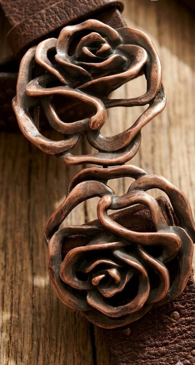 Vintage Sculptural Rose Buckle Leather Belt, Wide Copper Flower Statement Belt, Dark Brown Waist Cinch, Romantic Gothic Artisan Accessory