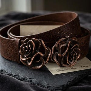 Vintage BCBG Max Azria Sculptural Rose Belt, Designer Wide Leather Waist Cinch, Antiqued Copper Flower Statement Buckle, Runway Archive Piece