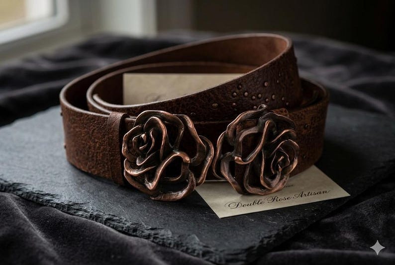 Vintage BCBG Max Azria Sculptural Rose Belt, Designer Wide Leather Waist Cinch, Antiqued Copper Flower Statement Buckle, Runway Archive Piece