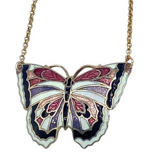 Vintage White Butterfly Pendant Necklace: Upcycled Enamel Statement Jewelry