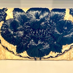 Vintage Black Raffia Woven Clutch Bag Handcrafted Straw Purse with Floral Appliqué  Island Boho Evening Bag Tiki Style Resort Accessory
