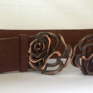 Vintage BCBG Max Azria Sculptural Rose Belt, Designer Wide Leather Waist Cinch, Antiqued Copper Flower Statement Buckle, Runway Archive Piece