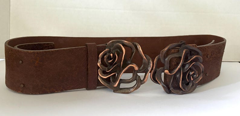 Vintage BCBG Max Azria Sculptural Rose Belt, Designer Wide Leather Waist Cinch, Antiqued Copper Flower Statement Buckle, Runway Archive Piece