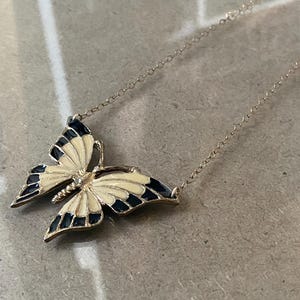 Vintage Butterfly Necklace Upcycled Enamel Pendant in Cream and Black Handmade Gift for Her Dainty Gold Chain One of a Kind insects Jewelry