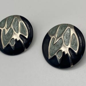 Vintage round statement earrings retro silver black light blue enamel 80’s big studs earrings unique gift for her funky stylish big earrings