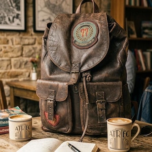 May include: A brown distressed leather backpack featuring a circular Task Force 77 USS Oriskany CVA-34 patch on the top flap, two front pockets with buckle closures, and a drawstring main compartment. The bag has a weathered texture and metal hardware.