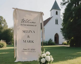Impressão suspensa personalizável, placa de casamento de linho personalizada, placa de casamento de tecido, placa de boas-vindas personalizada, faixa de casamento de linho, placa de festa de noivado