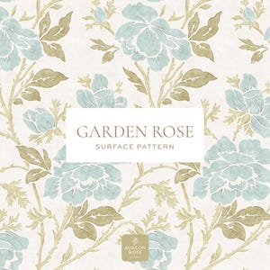 May include: A floral surface pattern featuring large, light blue roses and olive-green leaves and stems against a cream background. The words "GARDEN ROSE SURFACE PATTERN" are displayed in a white rectangle.