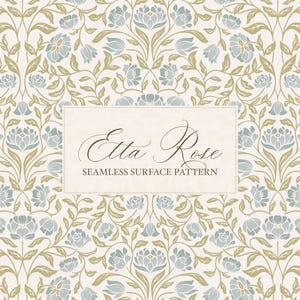 May include: Seamless floral pattern featuring stylized blue and gold flowers and foliage on a cream background. The design includes the text "Etta Rose" and "Seamless Surface Pattern" in a rectangular frame.