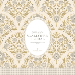 Puede incluir: Un patrón continuo con un diseño floral repetitivo en tonos dorados y grises sobre un fondo crema. Un marco ovalado central contiene el texto Folk Art SCALLOPED FLORAL SEAMLESS PATTERN DUO AVALON ROSE STUDIO. Un borde a cuadros se sitúa en la parte inferior.